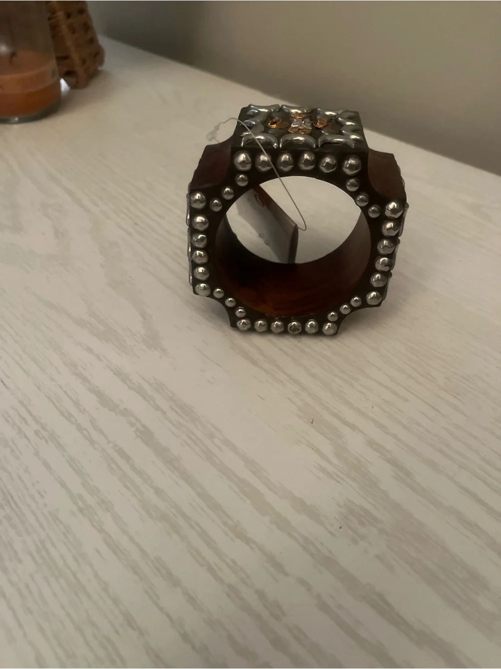 Decorative Brown Wood Cuff Bracelet with silver half moons and decorative flower